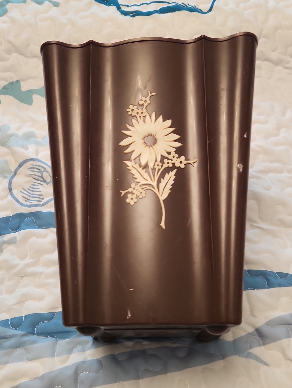 Vintage Sears Brown Waste Bin with Cream Floral Applique